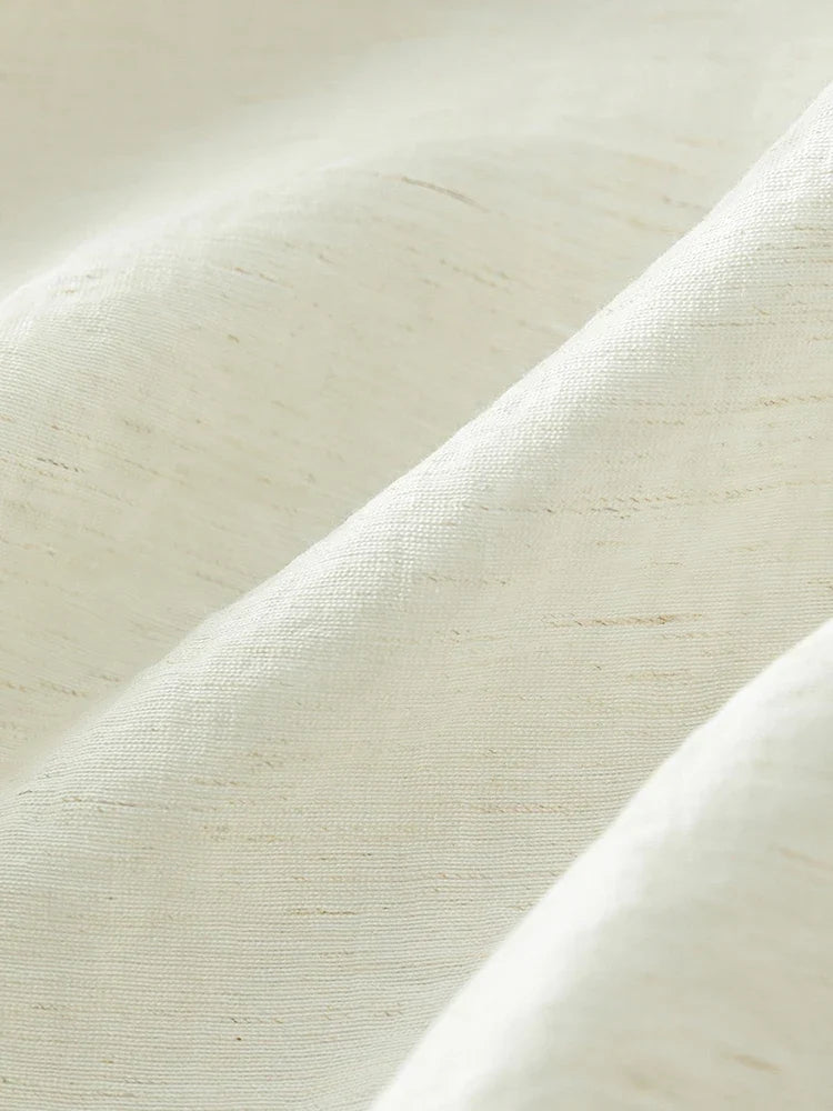 French Linen Beige Three-quarter Sleeve Elegant Summer Thin Shirts Loose Round Neck Pullover Blouses 24FS12211