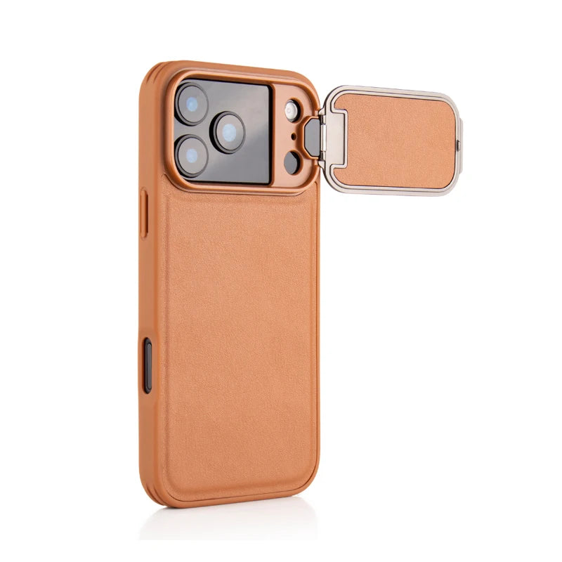 Metal Flip Bracket Protection Camera Lens Shockproof Leather Phone Case For iPhone 17 Pro Max 15 16 Pro Max Bumper Back Cover