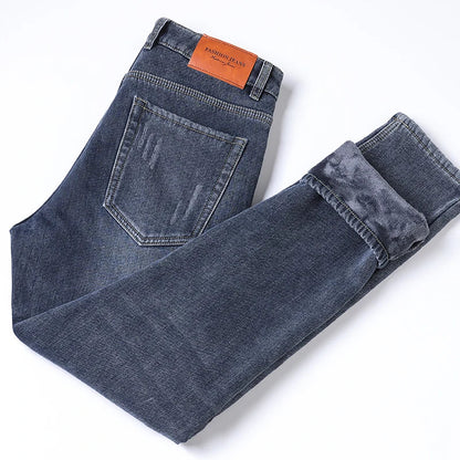 2025 Winter Fleece Jeans Men's Fashion Elastic Slim Straight Warm Trousers Thicken Business Casual Korean Thermal Denim Pants
