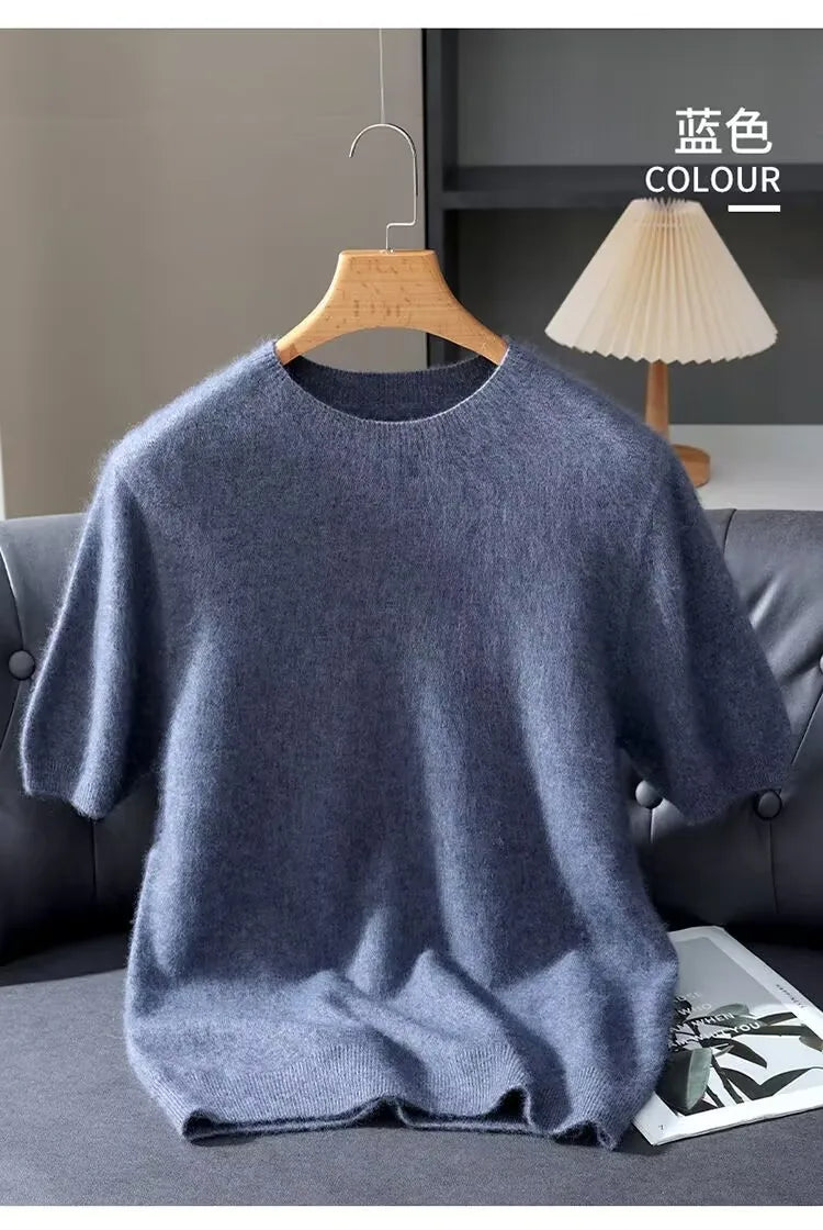 100% Mink Cashmere Knitted Short Sleeved Men's Loose Round Neck Solid Color Half Sleeved Simple T-Shirt Casual Business Cashmere