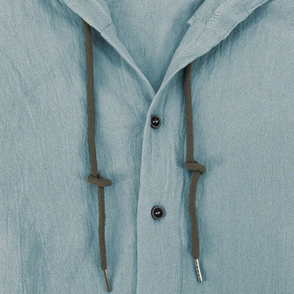 Men's Solid Color Casual Shirt, Hooded Drawstring Cotton and Linen Cardigan, Trendy and Versatile Loose Beach T-Shirt