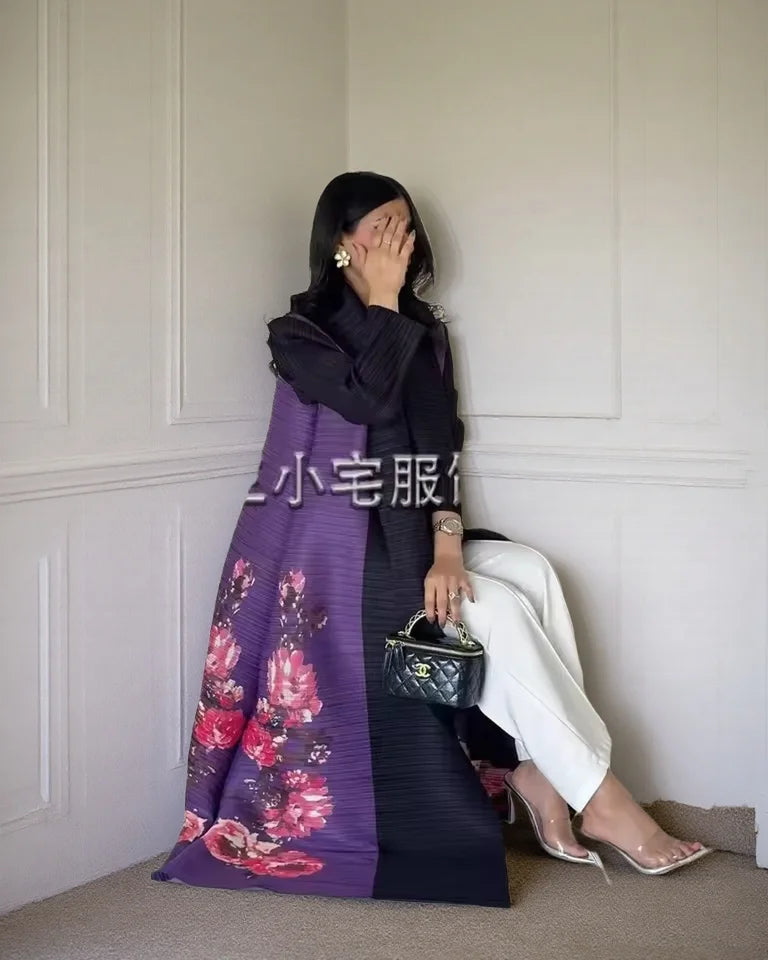 Women's Fold Miyake Pleated Abaya Long Sleeve Print Foldable Collar Robe Cardigan Coat New Winter Fashion Original Design 2026