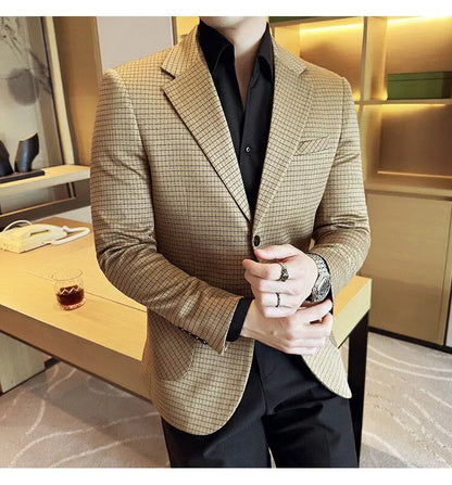 Men's Elegant Grid Suit Jacket 2026 Spring New Fashion Slim Blazer Jackets Social Prom Dress Jacket Men's High Quality Clothing