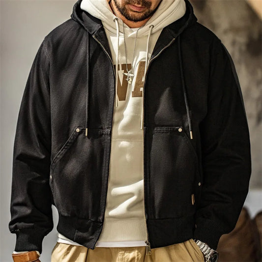 Vintage J130 Heavyweight Hooded Jacket Canvas Classic Short Zip Front Solid Color Outerwear for Men Autumn Streetwear Coat