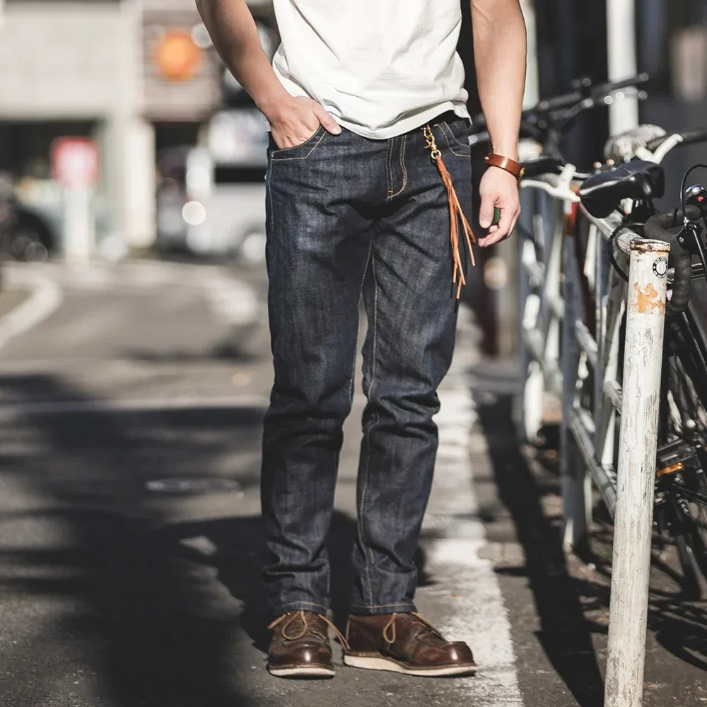 Vintage Raw Denim Jeans for Men 14.8 OZ Jeans Denim Washed Straight Tapered Fit Pants Mid Waist Casual Trousers