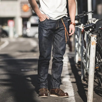 Vintage Raw Denim Jeans for Men 14.8 OZ Jeans Denim Washed Straight Tapered Fit Pants Mid Waist Casual Trousers
