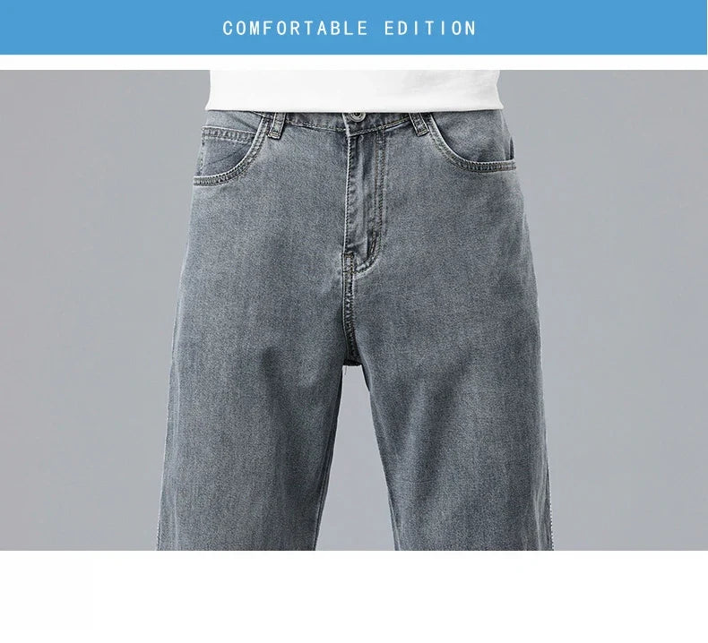 Summer Ultra-thin Lyocell Men's Jeans Drape Soft Fabric Loose Straight Casual Denim Pants Elastic Ice Silk Male Trousers
