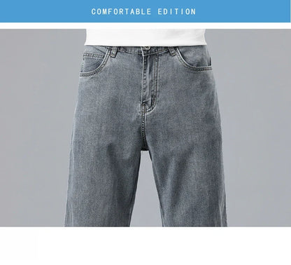 Summer Ultra-thin Lyocell Men's Jeans Drape Soft Fabric Loose Straight Casual Denim Pants Elastic Ice Silk Male Trousers