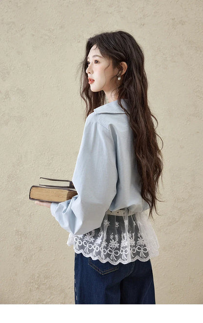 French Spring Shirts Women 2025 Long Sleeve Turn-down Collar Fake Two-piece Blouses Female Splicing Lace Tops MXE16C0783