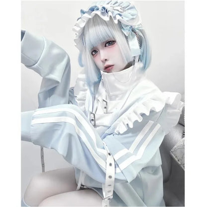 Japanese Subculture stitch Patchwork Hoodies Women's Autumn 2024 Ruffled Edge Harajuku Y2k Hoodie 2000s Loose Zipper Sweatshirts