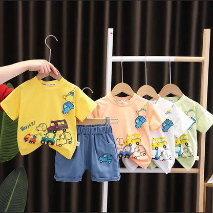 Summer Children's Boys Infant Cotton Clothes Set Cars T-Shirt Shorts 2-Piece Toddler Fashion Tracksuit for Babies Aged 1-5 Years