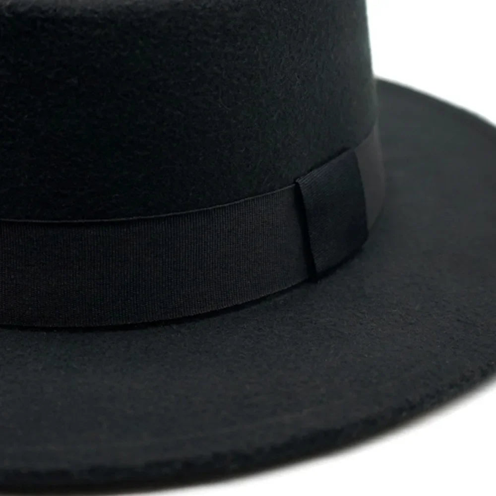 Black Ribbon Flat Top Hat British Retro Style Unisex Wool Fedora Winter Warm Hat