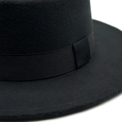 Black Ribbon Flat Top Hat British Retro Style Unisex Wool Fedora Winter Warm Hat