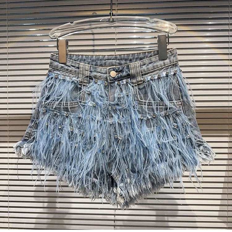 Summer Street Hot Girls Short Jeans Female Chic Feather Diamond Denim Shorts Women Retro Washed Hot Pants Sexy Night Club Shorts