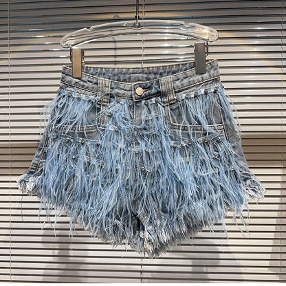 Summer Street Hot Girls Short Jeans Female Chic Feather Diamond Denim Shorts Women Retro Washed Hot Pants Sexy Night Club Shorts