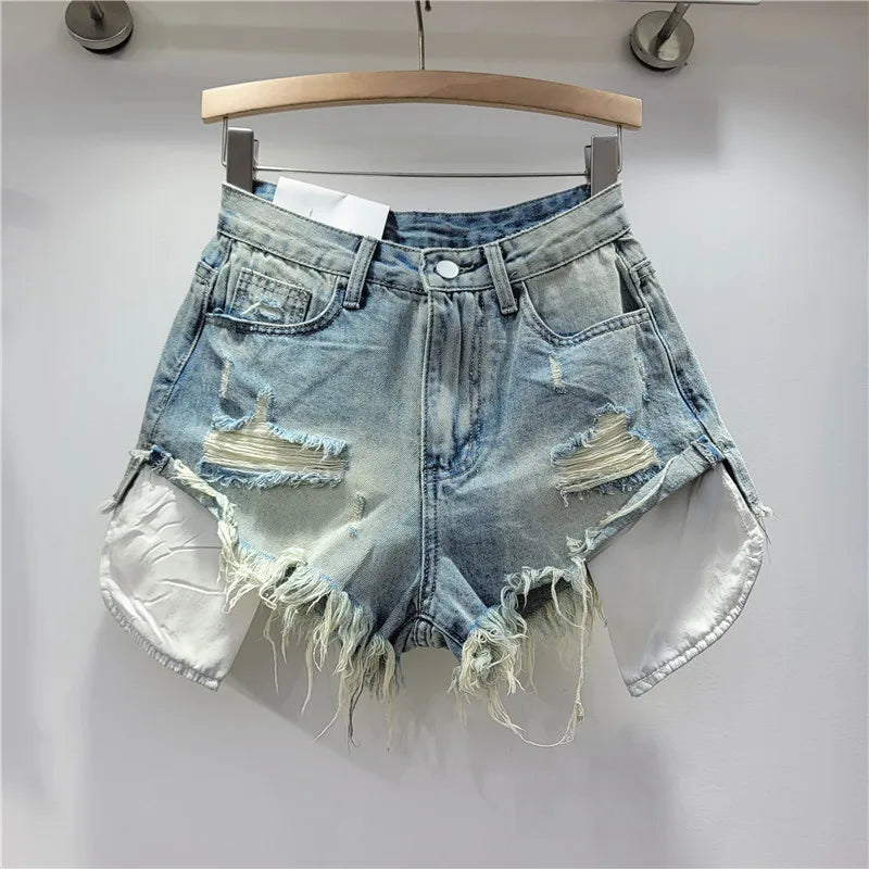 2026 Summer New Women's Pink Hole Denim Shorts High Waist Slimming Spicy Girl A-line Ragged Edge Shorts