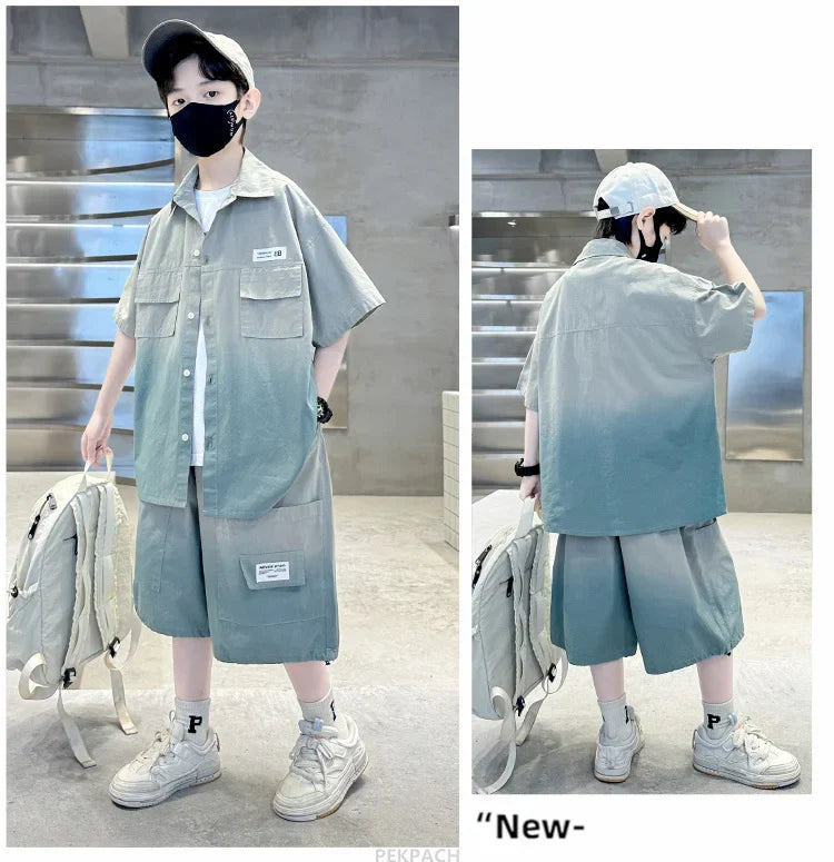 Loose Style Child Pocket Outfit Suit Cool Big Boys Summer Clothes Set Teens Kids Shirt+Shorts 2PCS Clothing Set Gradient Costume