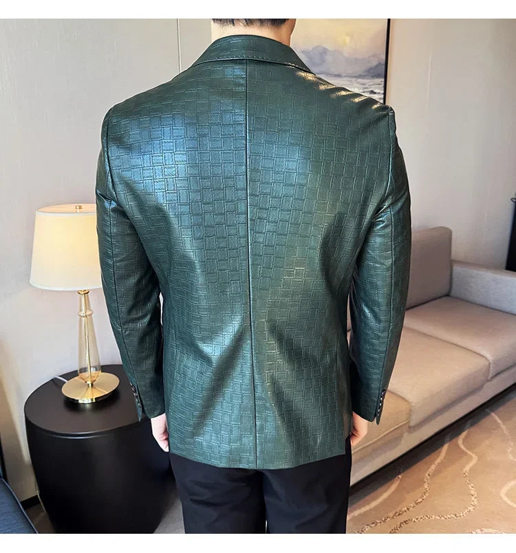 High Quality Square Grid Double Breasted Leather Jacket Fashion Business Slim Fit Casual Men Suit Blazer Tuxedos Men Clothing