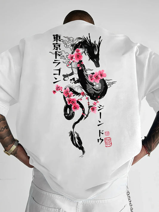 Japanese Style Dragon Cherry Blossom Print 100% Cotton Men Women T-shirt Summer Autumn Daily Sports Casual Loose Short-sleeve