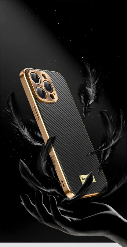 Luxury Plating Leather Carbon Fiber Texture Phone Case For iPhone 17 16 15 14 13 Pro Max Plus 17Air Alloy Lens Shockproof Cover