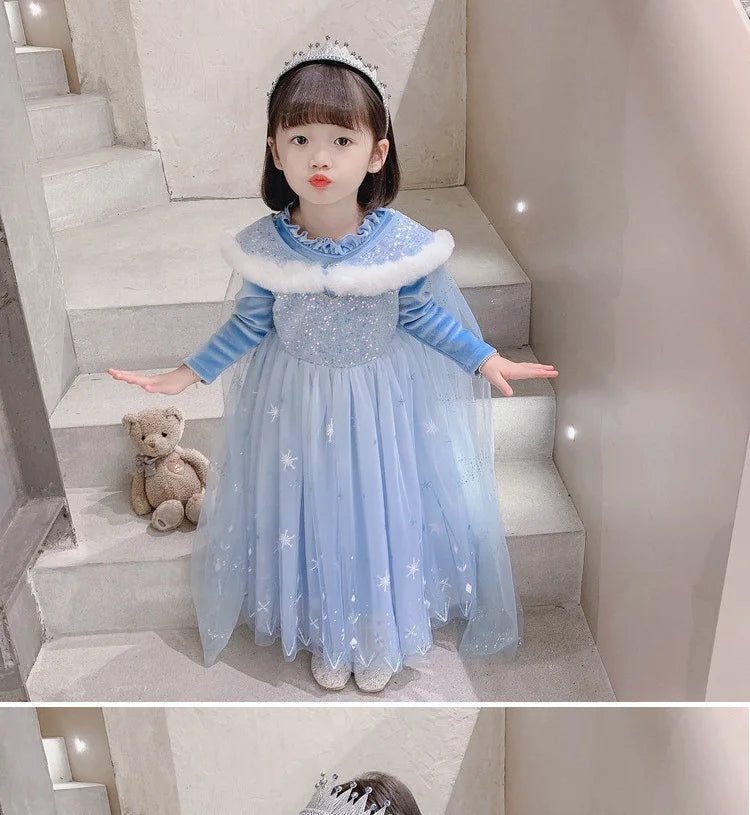 Girls' Spring 2026 New Velvet Elsa Frozen Princess Dress Kids Blue Cape 2 Piece Set Warm Dresses For Girl Party 3-9 Years Old ﻿