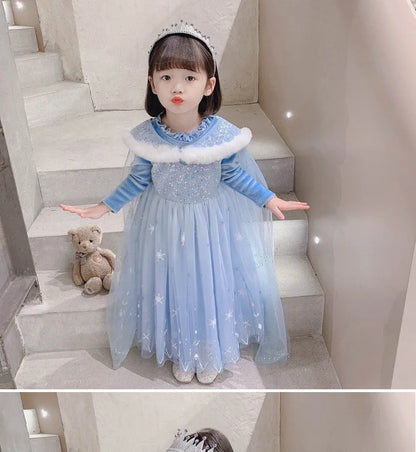 Girls' Spring 2026 New Velvet Elsa Frozen Princess Dress Kids Blue Cape 2 Piece Set Warm Dresses For Girl Party 3-9 Years Old ﻿