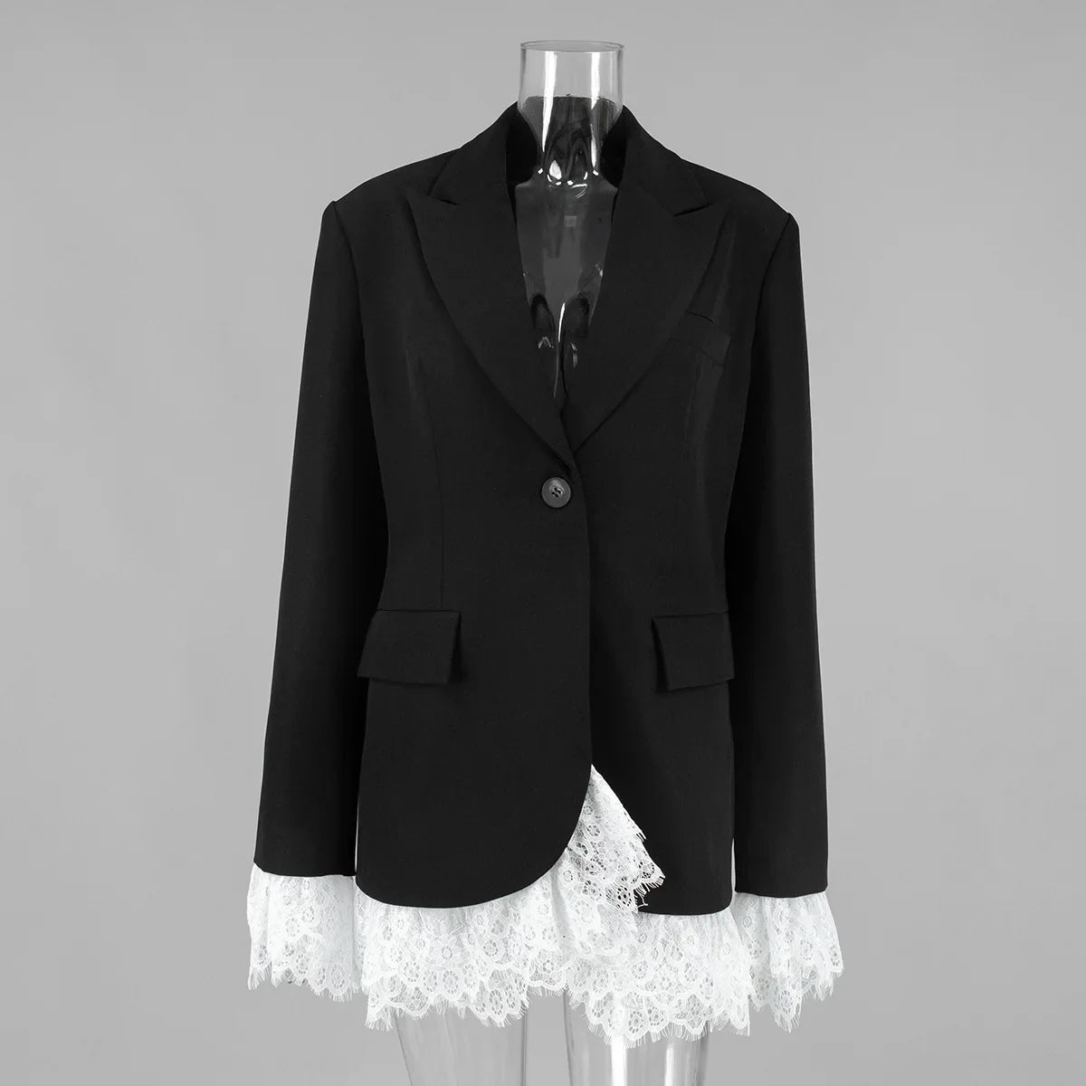 Spring Autumn Elegant Lace Splicing Blazer V-Neck Oversized Black Coat Chic Streetwear Women