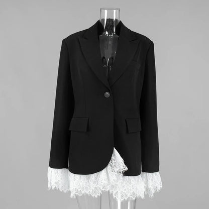 Spring Autumn Elegant Lace Splicing Blazer V-Neck Oversized Black Coat Chic Streetwear Women