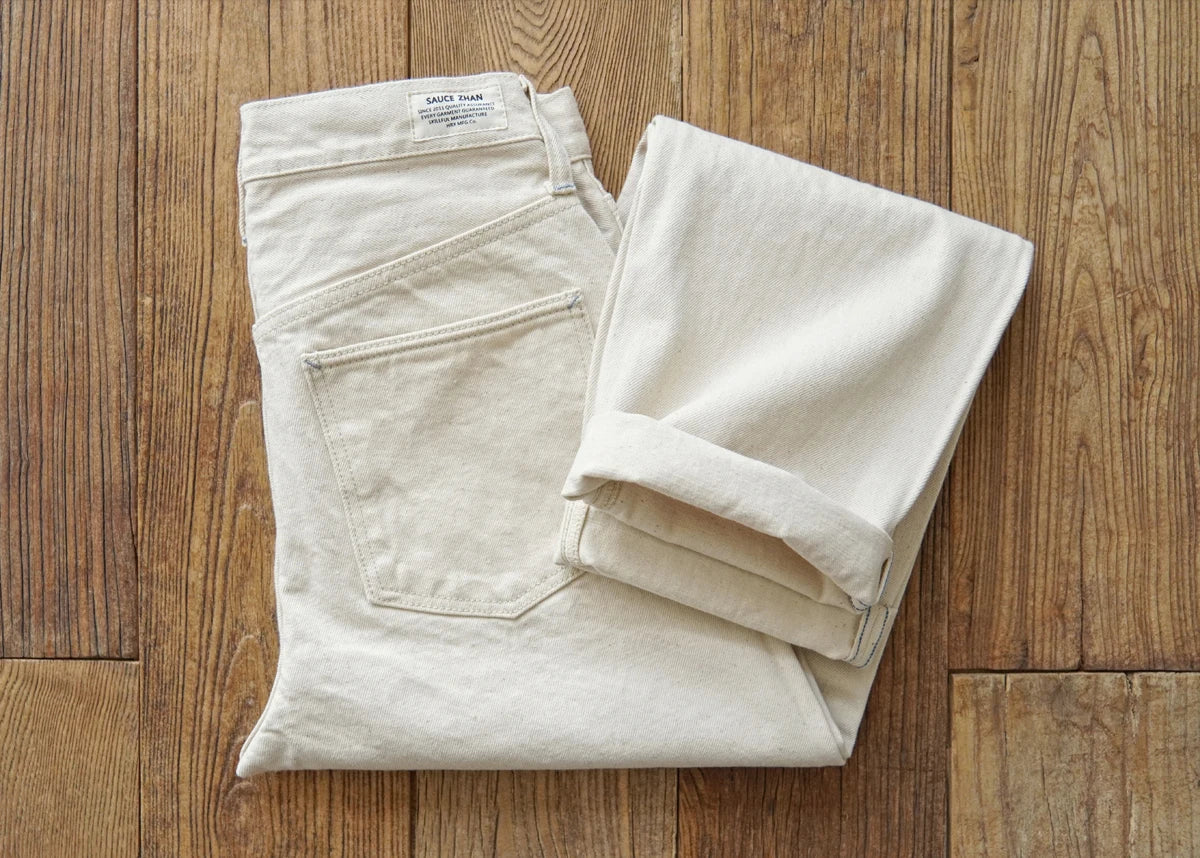 Mens Jeans Selvedge Denim White Jeans Regular Fit hight Rise  14 Oz One Wash