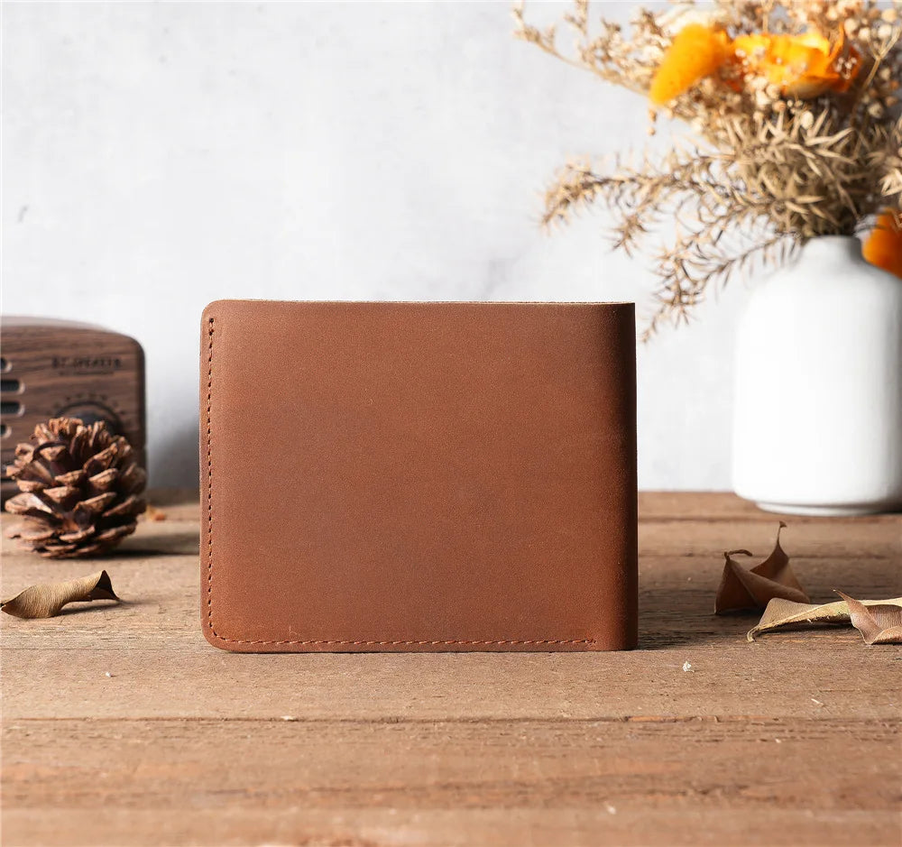 Men Handmade Crazy Horse Leather Wallet Men's Casual Simple Horizontal First Layer Cowhide Short Genuine Leather Clutch