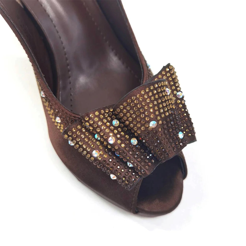 Women High Heels Sandals Printing Flower Material with Rhinestone Italian Design Coffee Color Open-Toed Shoes