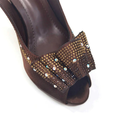 Women High Heels Sandals Printing Flower Material with Rhinestone Italian Design Coffee Color Open-Toed Shoes