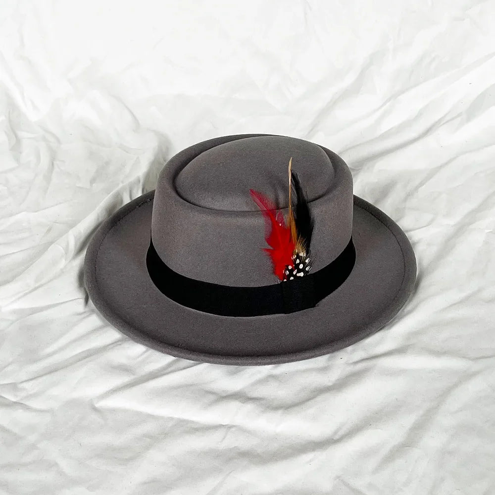 NEW Vintage Pork Pie Hat Mens Rolled Brim Felt Fedora Hat with Feather Gentleman Trilby Jazz Hats