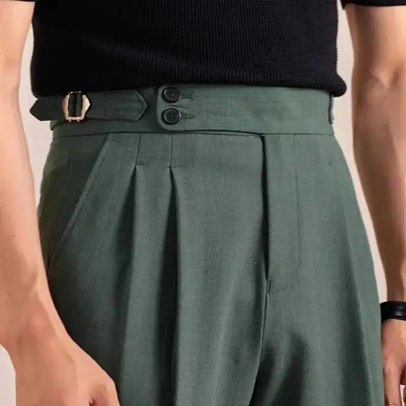 2025 New Italian Style Double Pleated Neapolitan Mens Formal Pants Casual Business Straight Leg High Waist Office Trousers Men