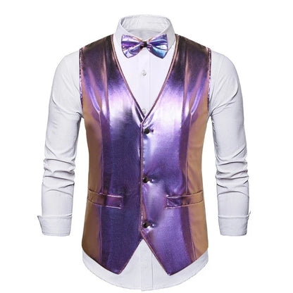 2025 New Gold, Silver, Pink, Purple Disco Glitter Vest for Men, Six Color Bright Men's Waistcoat with Bow Tie, Eur Size S-2XL