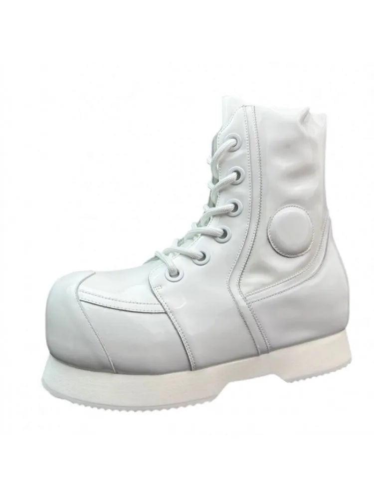 High Street Mens Round Tote High Top Cowhide Genuine Leather Ankle Boots Punk Style Stage Show Shoes Platform Work Safty Shoes