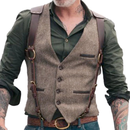 Men Vest Brown V-neck Single Button Solid Waistcoat For Wedding Birthday Banquet Business Casual Daily Men Suit Vest