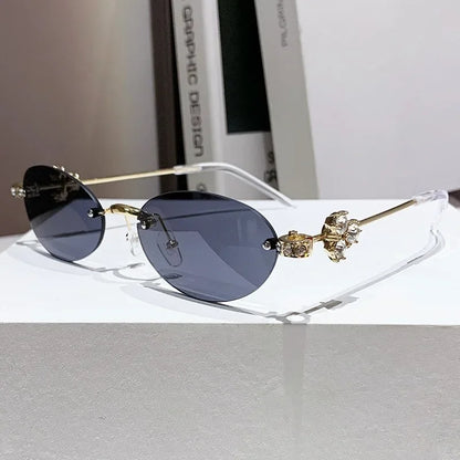 Women's Fashion Glasses Exquisite Diamond Decoration Sunglasses Oval Shaped Frame Cut Edge Frameless Small Outdoor Sun Glasses