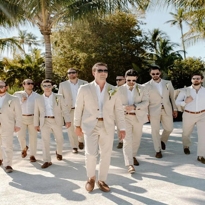 Beige Linen Wedding Suits for Groomsmen 2 Pieces Summer Men Suits Lightweight Breathable Blazer Pants Set Slim Fit Formal Outfit