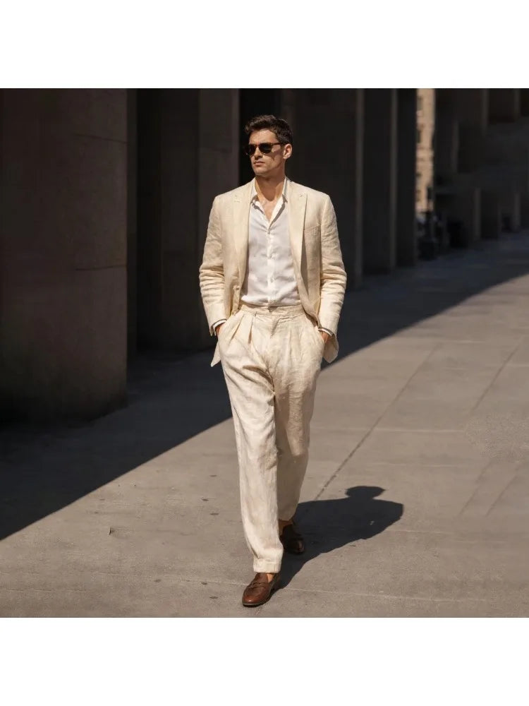 Beige Linen Prom Suits for Men 2 Pieces Wedding Tuxedo Slim Fit Groom Blazer Trousers Set Summer Formal Attire men suit set