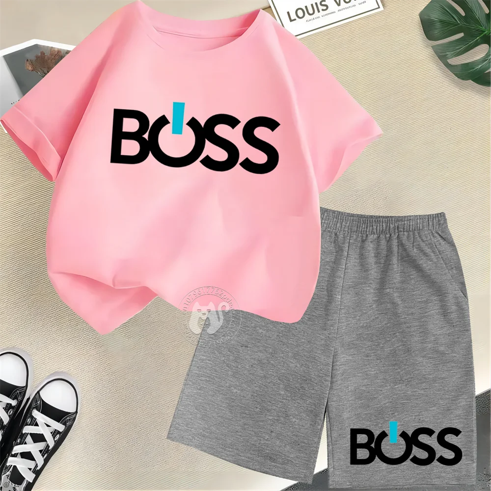 Simple letter BOSS Print Teen boys Girls street casual suit top Kids Summer  Short sleeve T-shirt + Shorts