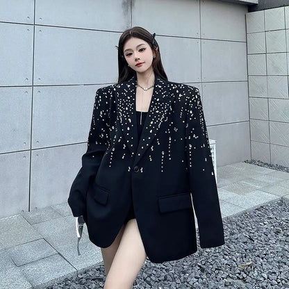 High-Quality Hot Diamond Black Blazer Women's Neutral Spring And Autumn New Design V ersatile Long-Sleeved Shoulder Padded Suit