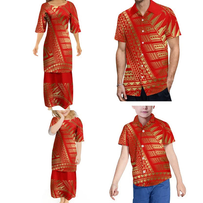 Polynesian Retro Tribal Print Ethnic Design Custom New Women'S Puletasi Men'S Shirt Adult Children Samoan Family Clothing