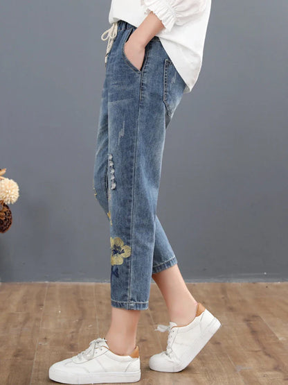 Chinese Summer Fashion Style Ladies Vintage Embroidery Jeans Womens Casual Floral Denim Trousers Ripped Harem Pants