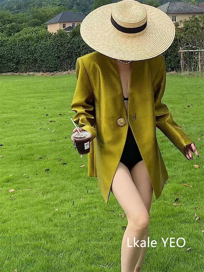 Women's Blazer Coat 2025 Spring Autumn Fashion Retro Style Advanced Ladies Suit Jacket Korean Version Temperament Lady Outerwear
