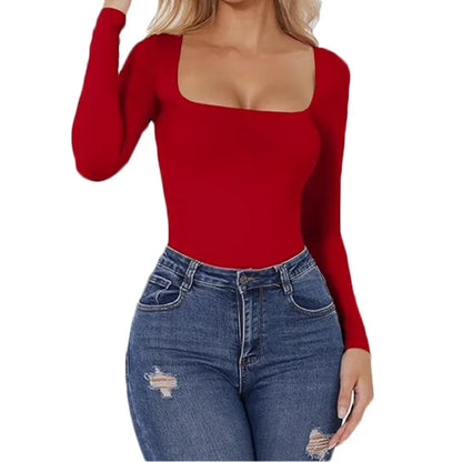 Spandex Elastic Body Suit Shapewear Women Body Shaper Tummy Control Long Sleeve Open Crotch Big U Neck Seamless Shapers