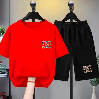 Kids Summer T-Shirt Sets Girls White Boy Black Red Casual T-Shirt+Shorts Printed Kids Outfits Teen Children's Loose Short Sleeve