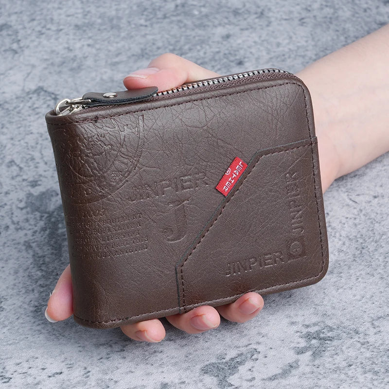 Casual Men's Leather Wallet Short Bifold Wholesale Coin Purse Zipper Pocket Cross-Border Popular Hard Cover Money Holder