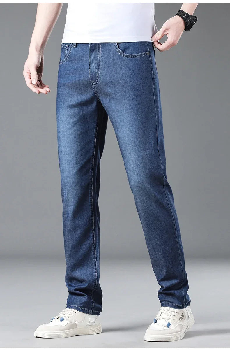 New Men's Thin Lyocell Jeans Soft Business Stretch Fashion Trousers Slim Brand Casual Elasticity Denim Pants Male Clothes