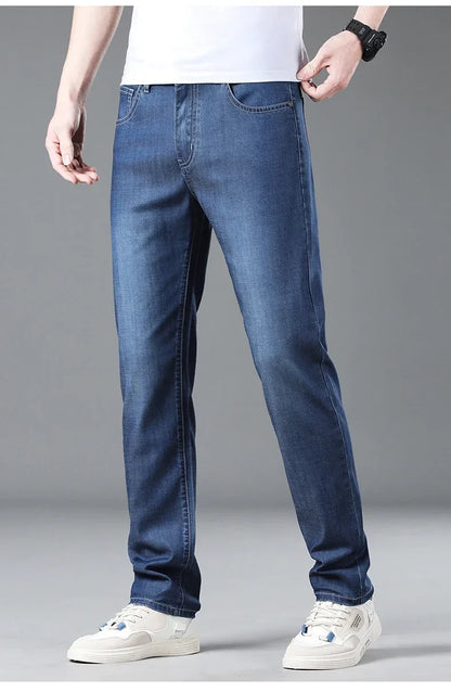 New Men's Thin Lyocell Jeans Soft Business Stretch Fashion Trousers Slim Brand Casual Elasticity Denim Pants Male Clothes